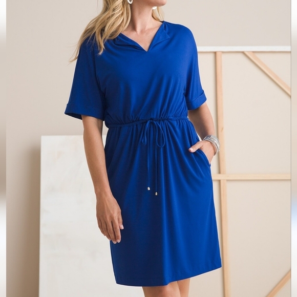 Chico's Split Neck Tie Waist Dress Royal Blue size 1(8/10) Medium Rayon - Picture 1 of 11